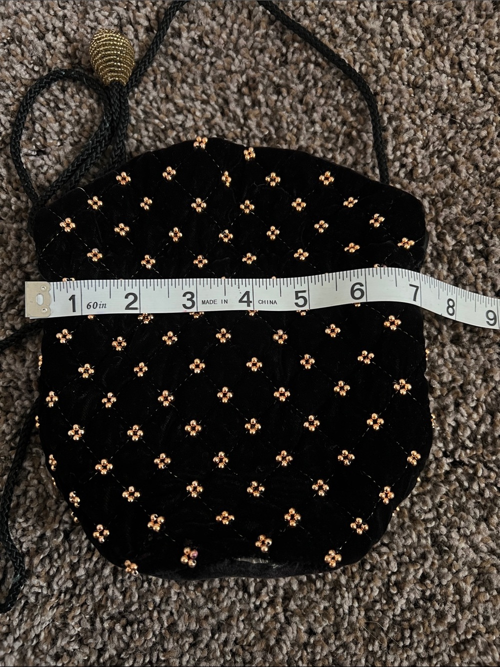 Black Quilted Velvet Mini Drawstring Bag with Gold Bead Accents - Picture 8 of 9